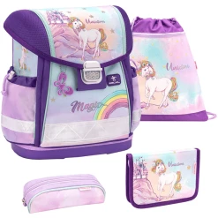 Belmil Schulranzen Classy Schulranzen Set 4-teilig Mit Brustgurt Rainbow Unicorn Magic