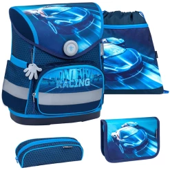 Belmil Schulranzen Compact Schulranzen Set 4-teilig Mit Brustgurt Racing Blue Neon