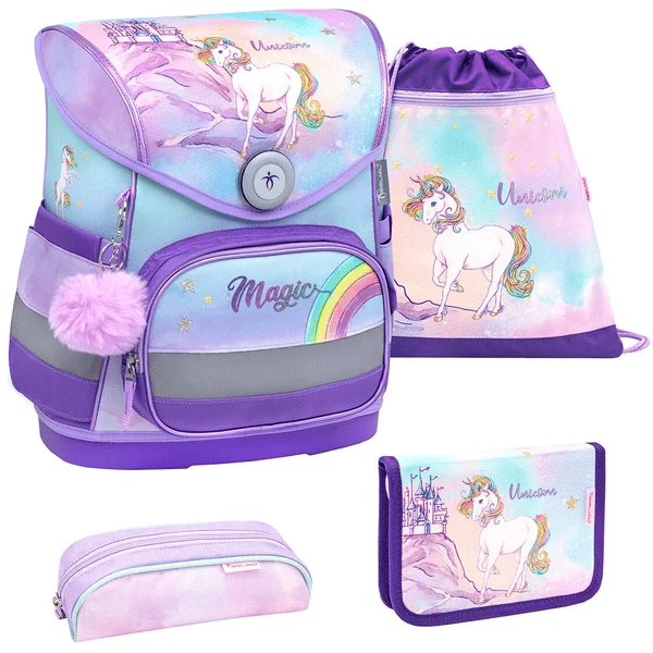 Belmil Schulranzen Compact Schulranzen Set 4-teilig Mit Brustgurt Rainbow Unicorn Magic