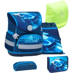 Belmil Schulranzen Compact Schulranzen Set 5-teilig Mit Brustgurt Racing Blue Neon