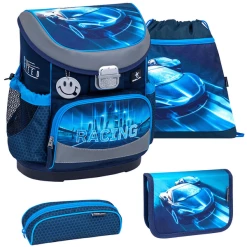Belmil Schulranzen Mini Fit Schulranzen Set 4-teilig Mit Brustgurt Racing Blue Neon