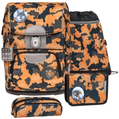 Belmil Schulranzen Motion Schulranzen Set 5-teilig Mit Brustgurt, Hüftgurt Orange Camouflage